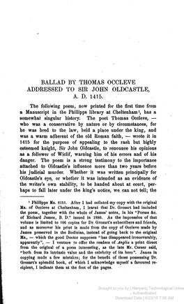 Ballad by Thomas Occleve Addressed to Sir John Oldcastle, A