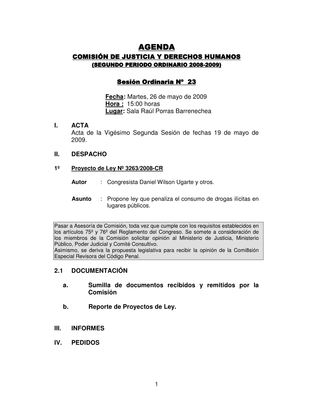 Agenda Com Isión De Justicia Y Derechos Hum Anos (Segundo Periodo Ordinario 2008-2009)