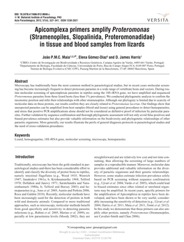 Apicomplexa Primers Amplify Proteromonas (Stramenopiles, Slopalinida, Proteromonadidae) in Tissue and Blood Samples from Lizards