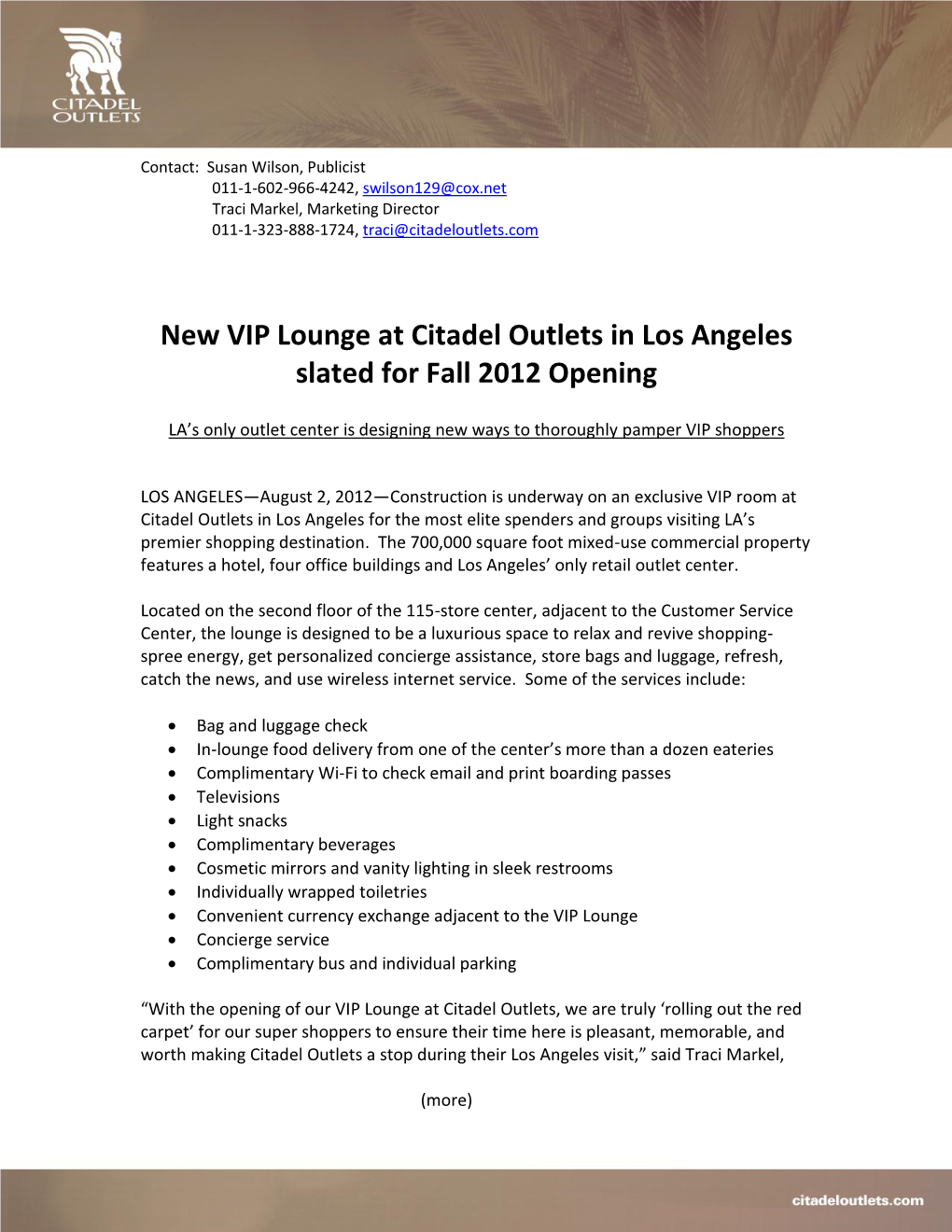 New VIP Lounge at Citadel Outlets in Los Angeles Slated for Fall 2012 Opening