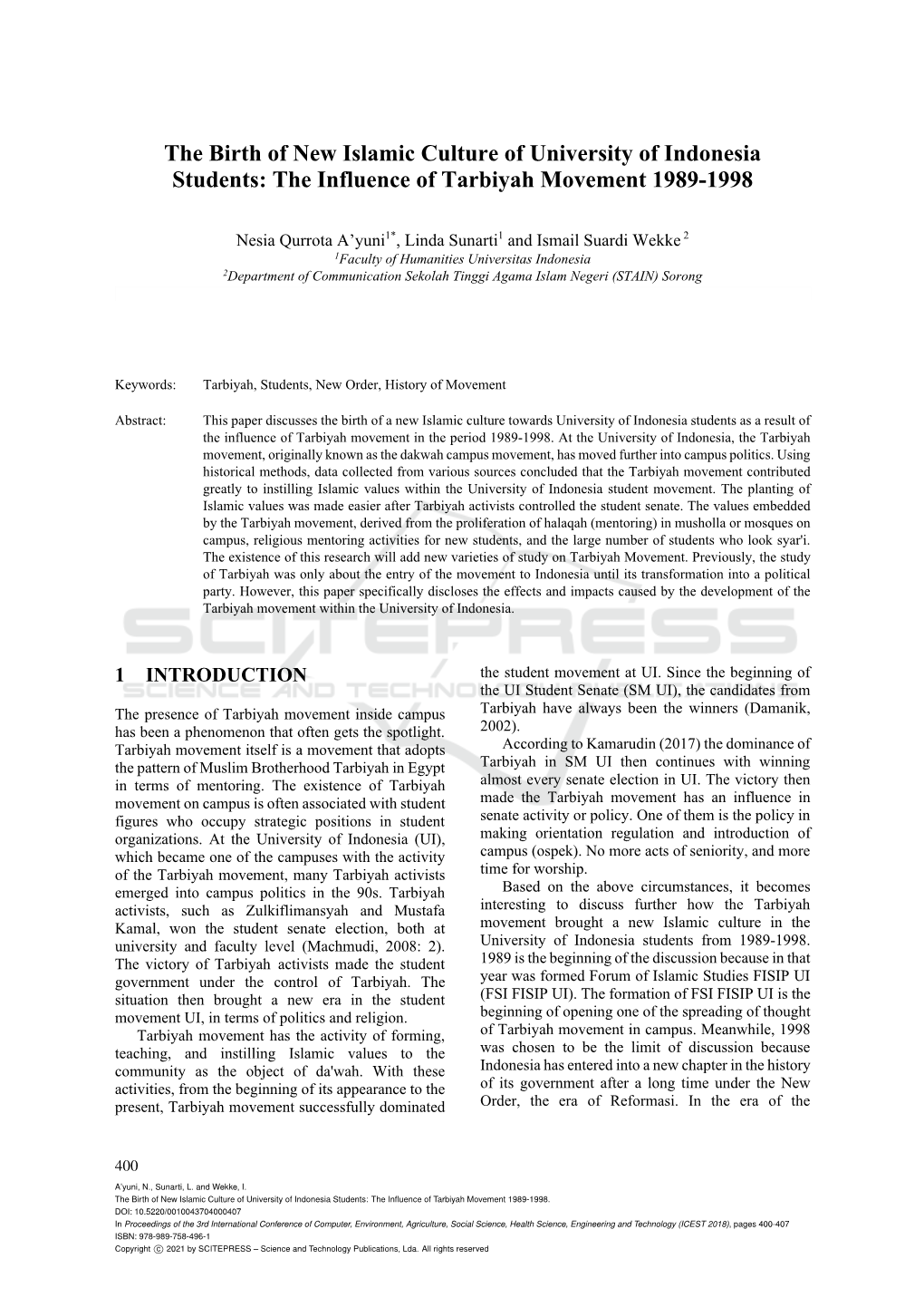 The Birth of New Islamic Culture of University of Indonesia Students: the Influence of Tarbiyah Movement 1989-1998