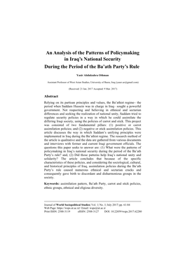 An Analysis of the Patterns of Policymaking in Iraq's National Security During the Period of the Ba'ath Party's Rule