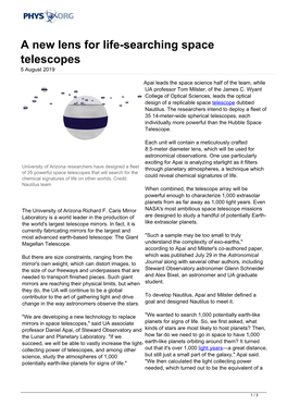 A New Lens for Life-Searching Space Telescopes 5 August 2019