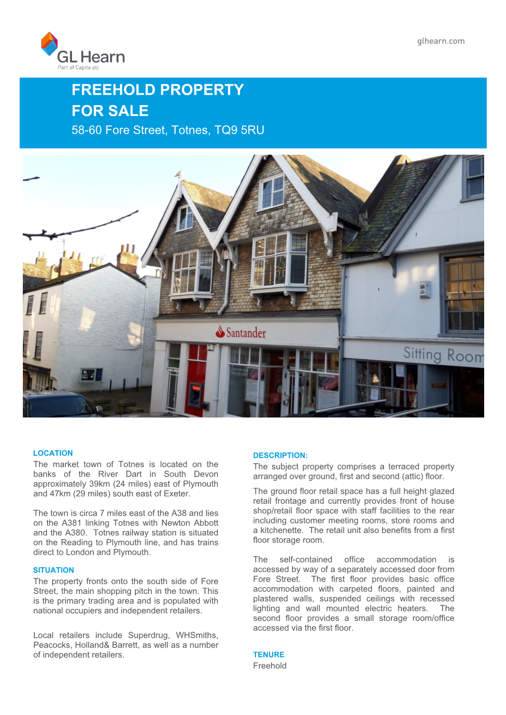 FREEHOLD PROPERTY for SALE 58-60 Fore Street, Totnes, TQ9 5RU