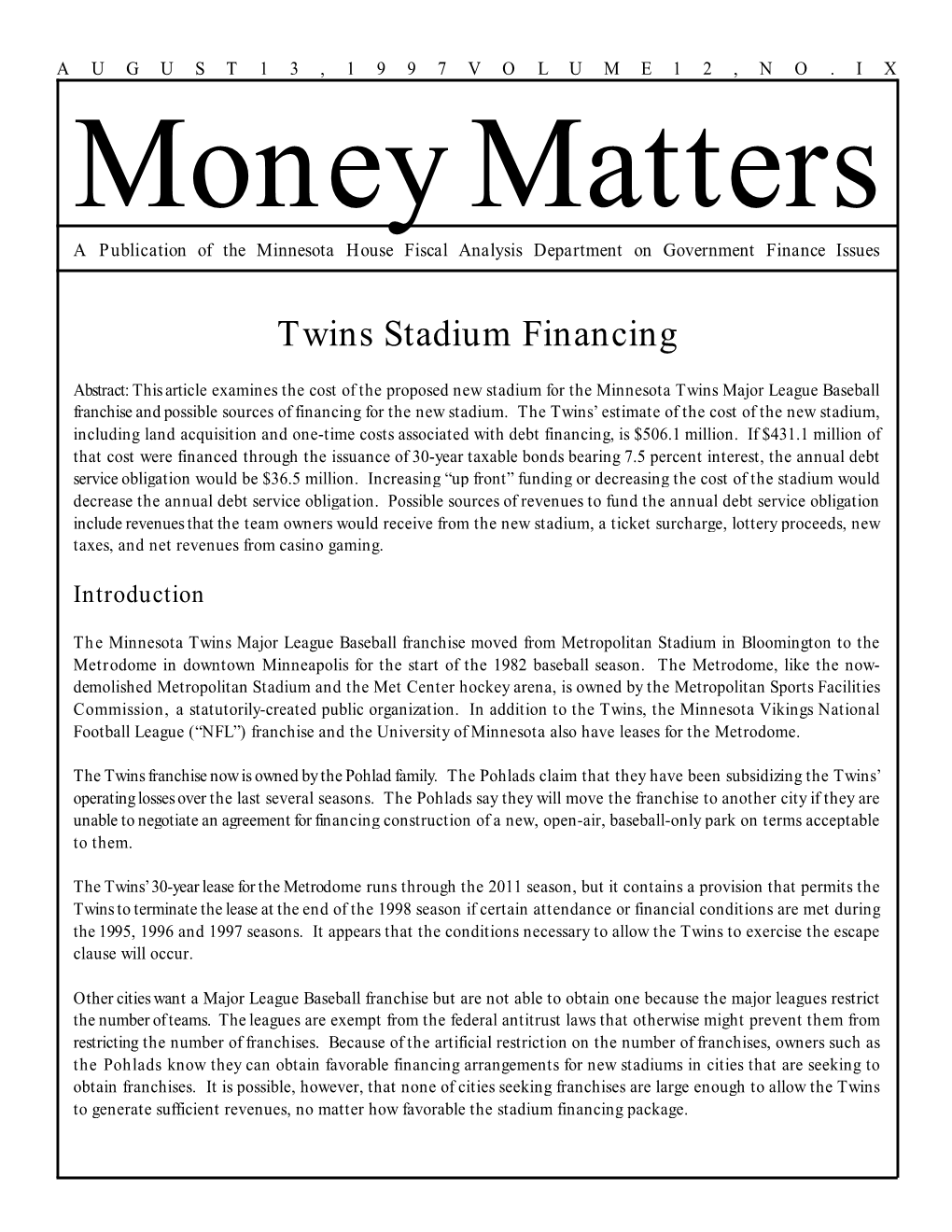 Twins Stadium Financing