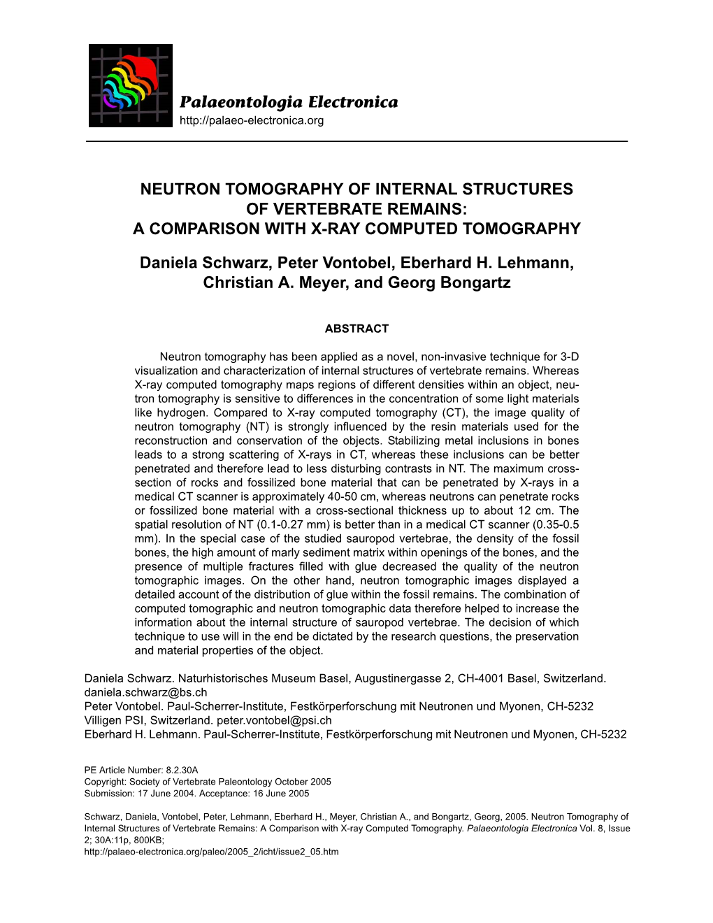 Neutron Tomography of Internal Structures of Vertebrate Remains: a Comparison with X-Ray Computed Tomography