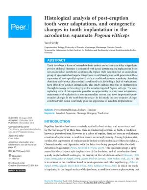 Histological Analysis of Post-Eruption Tooth Wear Adaptations, and Ontogenetic Changes in Tooth Implantation in the Acrodontan Squamate Pogona Vitticeps