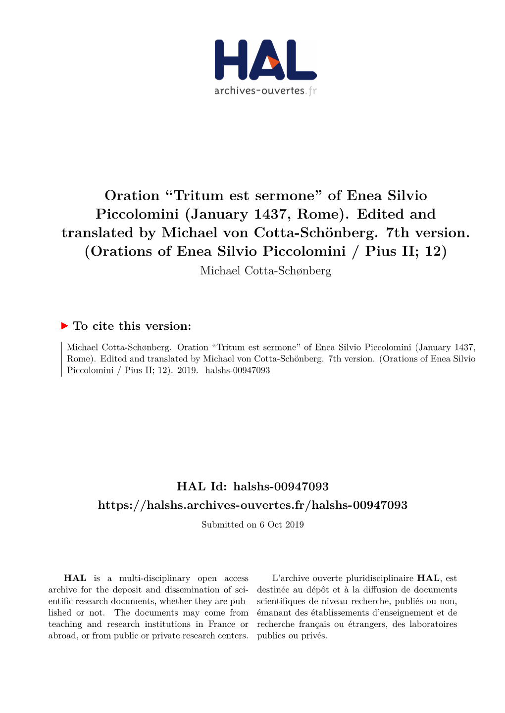 Oration ``Tritum Est Sermone'' of Enea Silvio Piccolomini (January 1437