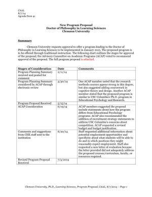 Clemson University, Ph.D., Learning Sciences, Program Proposal, CAAL, 8/7/2014 – Page 1 CAAL 8/7/14 Agenda Item 4C