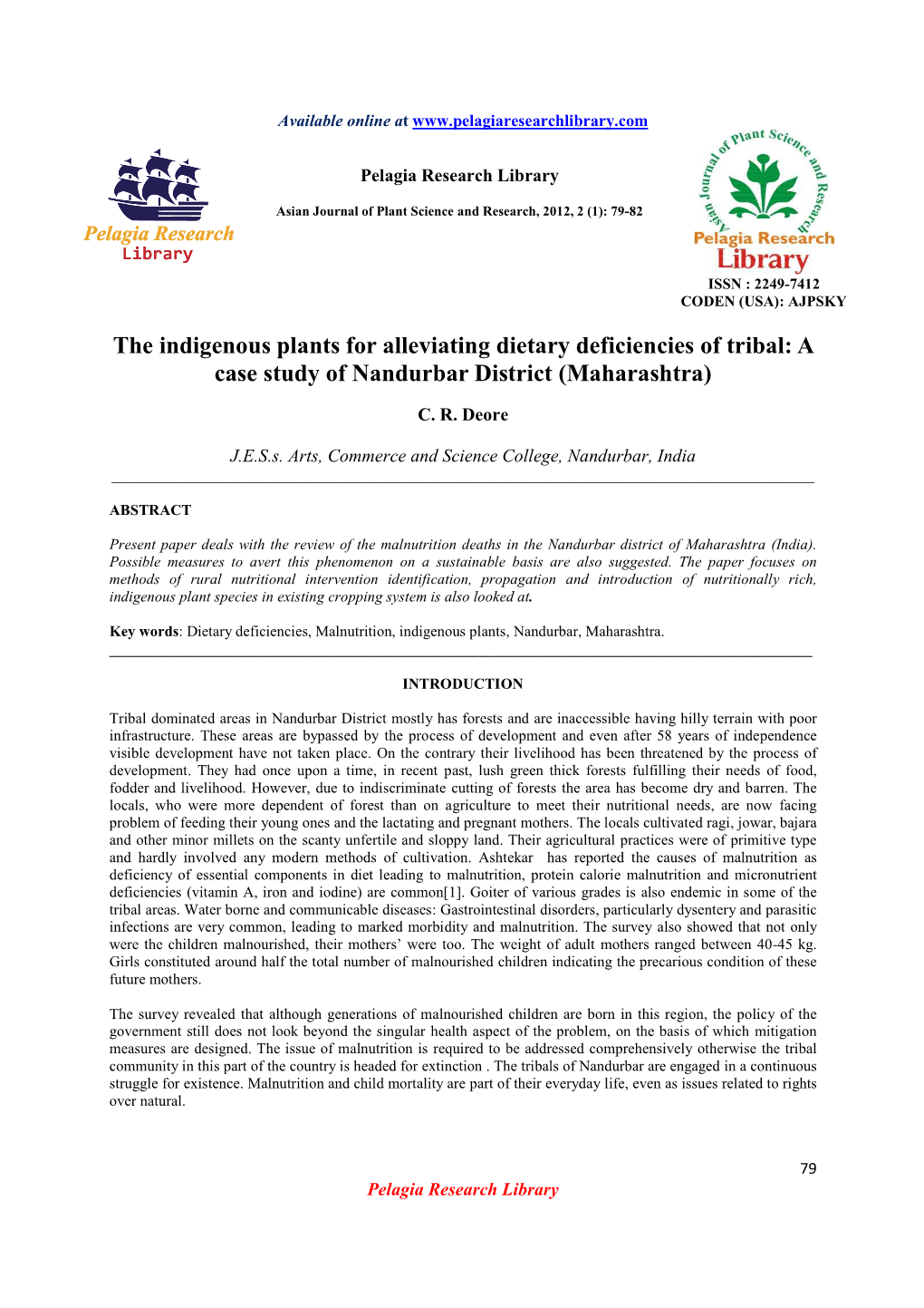 The Indigenous Plants for Alleviating Dietary Deficiencies of Tribal: a Case Study of Nandurbar District (Maharashtra)