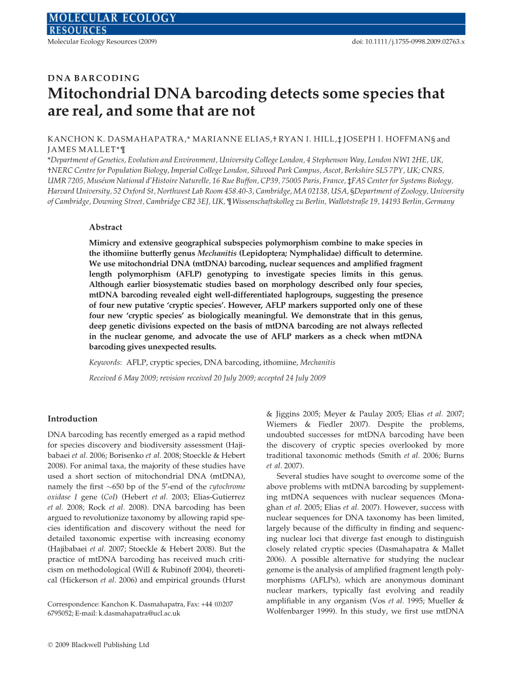 Mitochondrial DNA Barcoding Detects Some Species That Are Real, and Some That Are Not