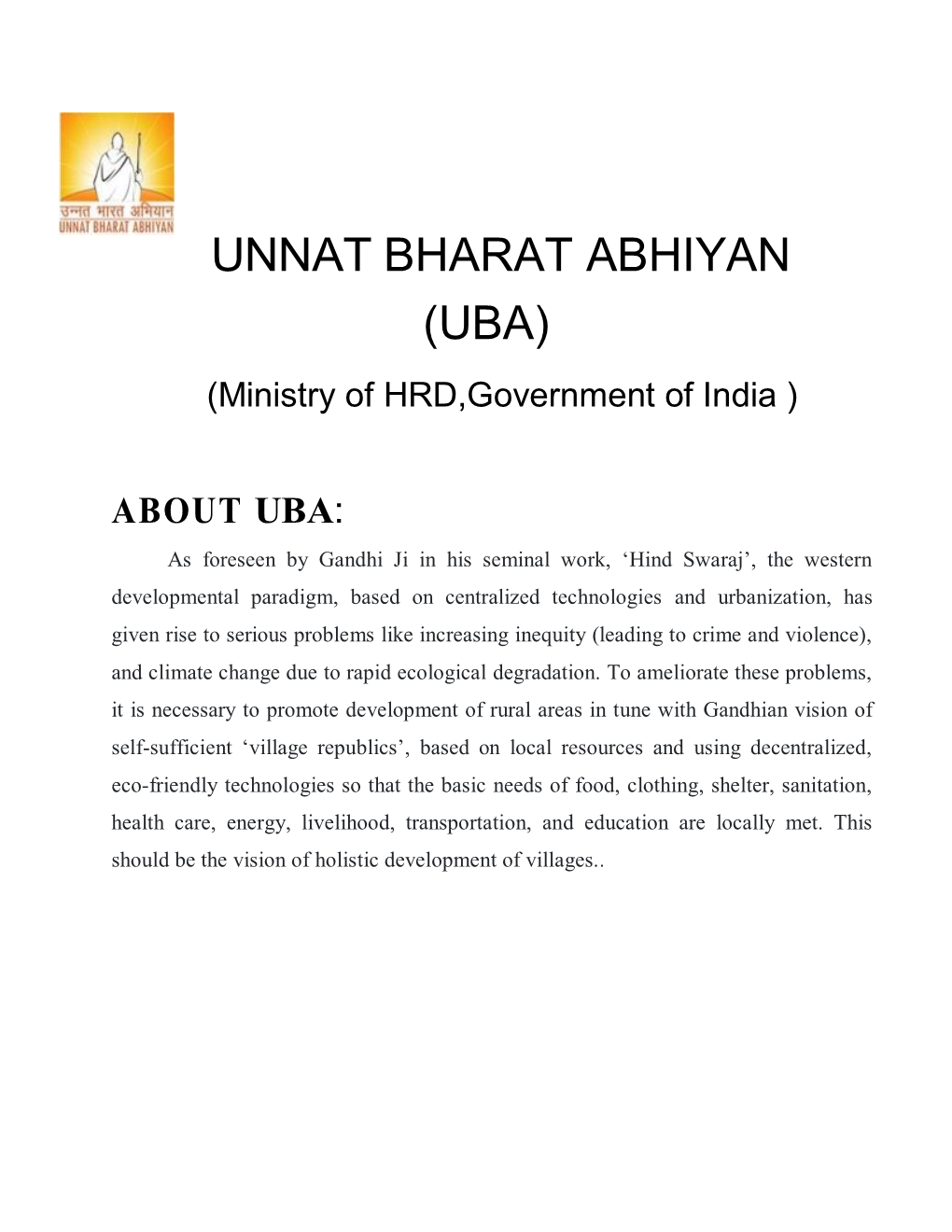 UNNAT BHARAT ABHIYAN (UBA) (Ministry of HRD,Government of India )