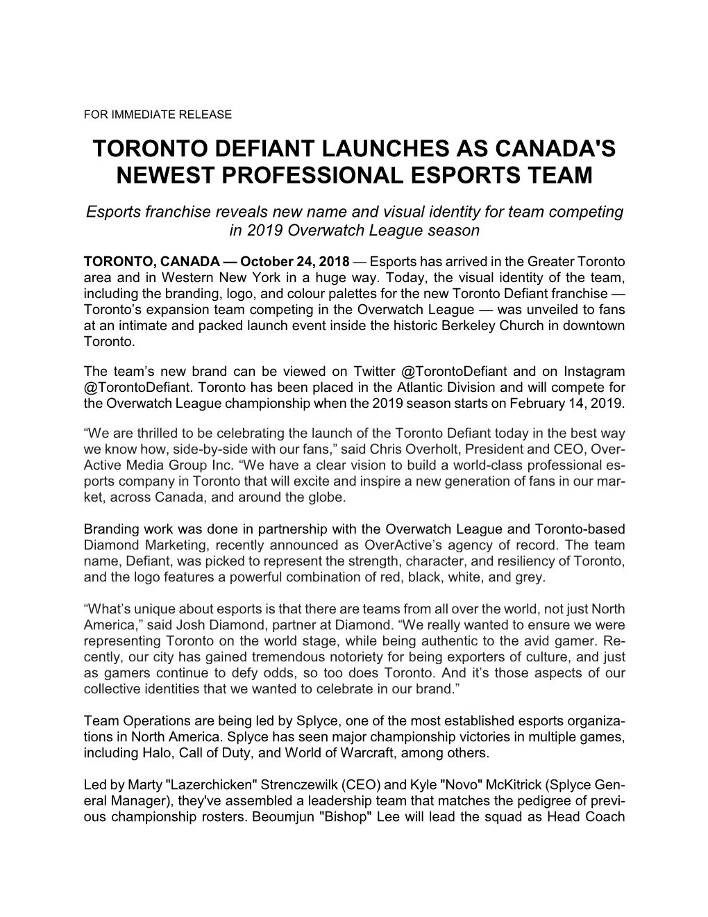 Toronto Defiant Launches As Canada's Newest