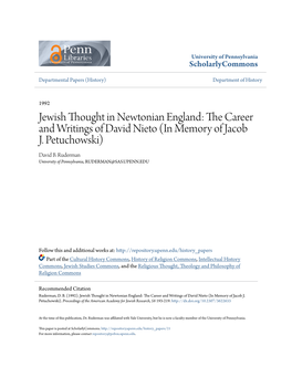 Jewish Thought in Newtonian England: the Career and Writings of David Nieto*