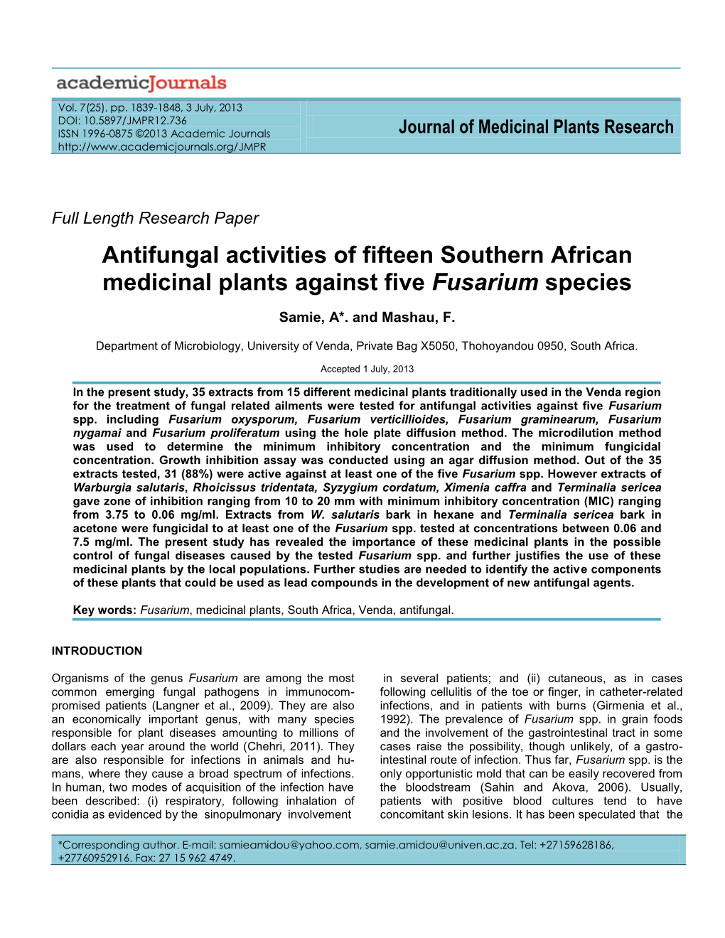 Antifungal Activities of Fifteen Southern African Medicinal Plants Against Five Fusarium Species