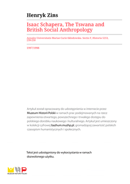 Henryk Zins Isaac Schapera, the Tswana and British Social Anthropology