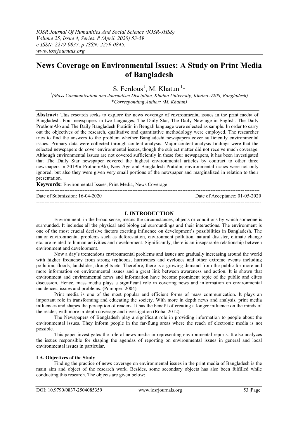 News Coverage on Environmental Issues: a Study on Print Media of Bangladesh