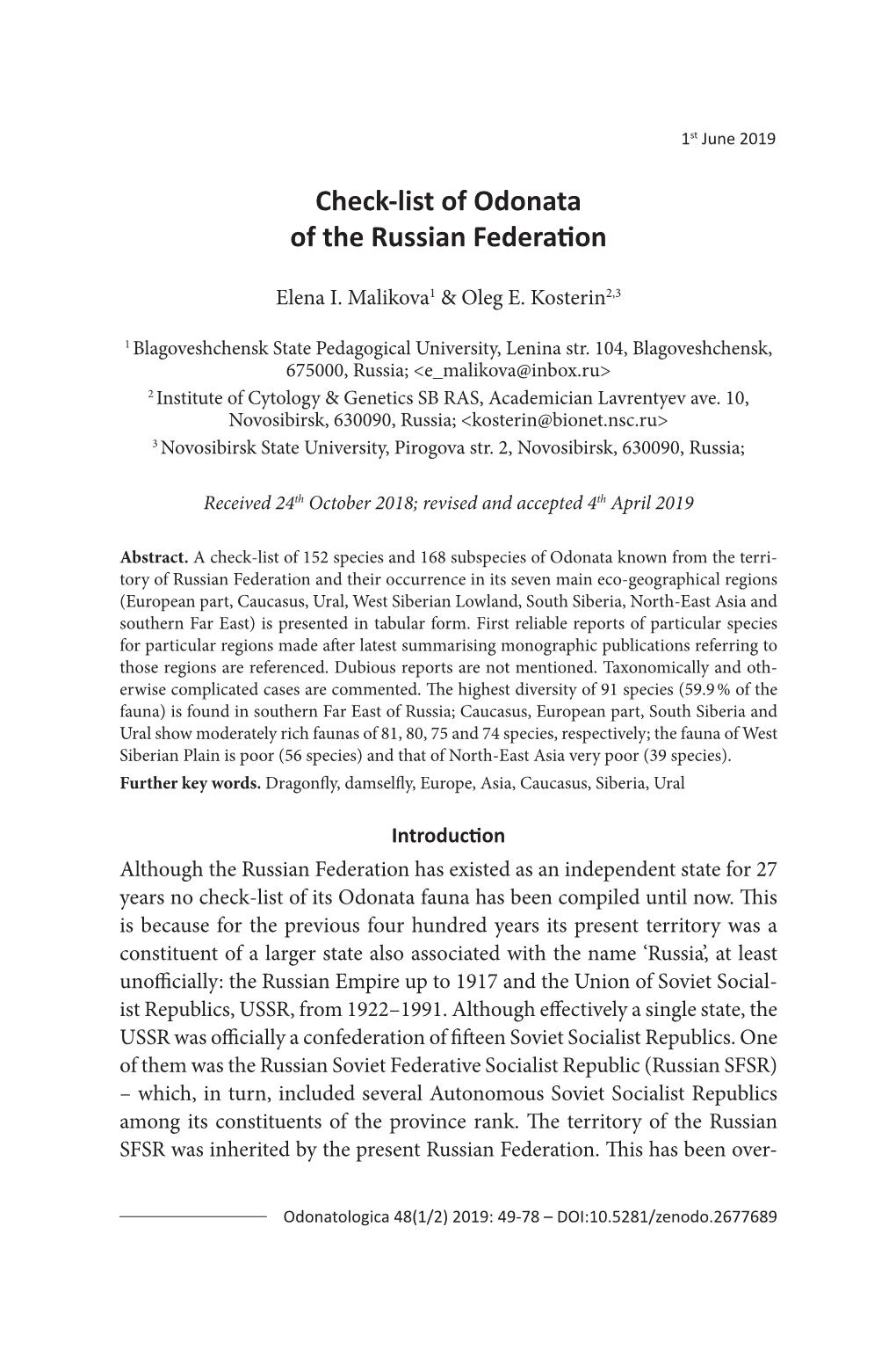 Check-List of Odonata of the Russian Federation 1St June 201949