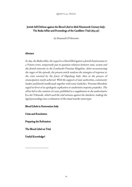 Jewish Self-Defense Against the Blood Libel in Mid-Nineteenth Century Italy: the Badia Affair and Proceedings of the Castilliero Trial (1855-56)
