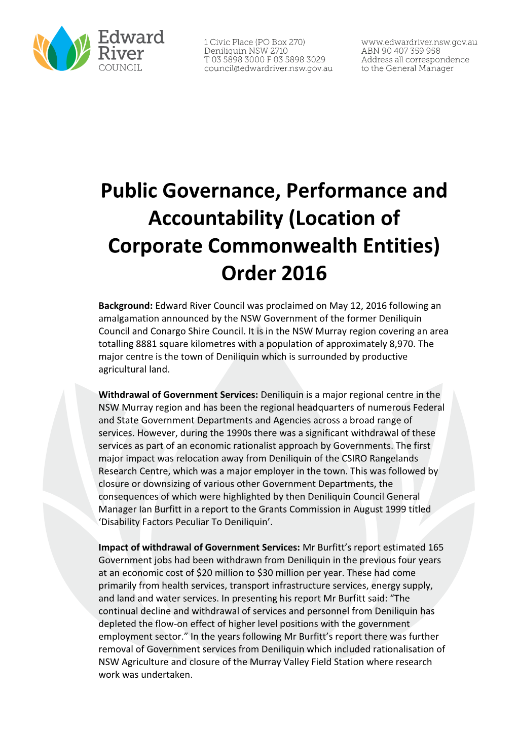 (Location of Corporate Commonwealth Entities) Order 2016