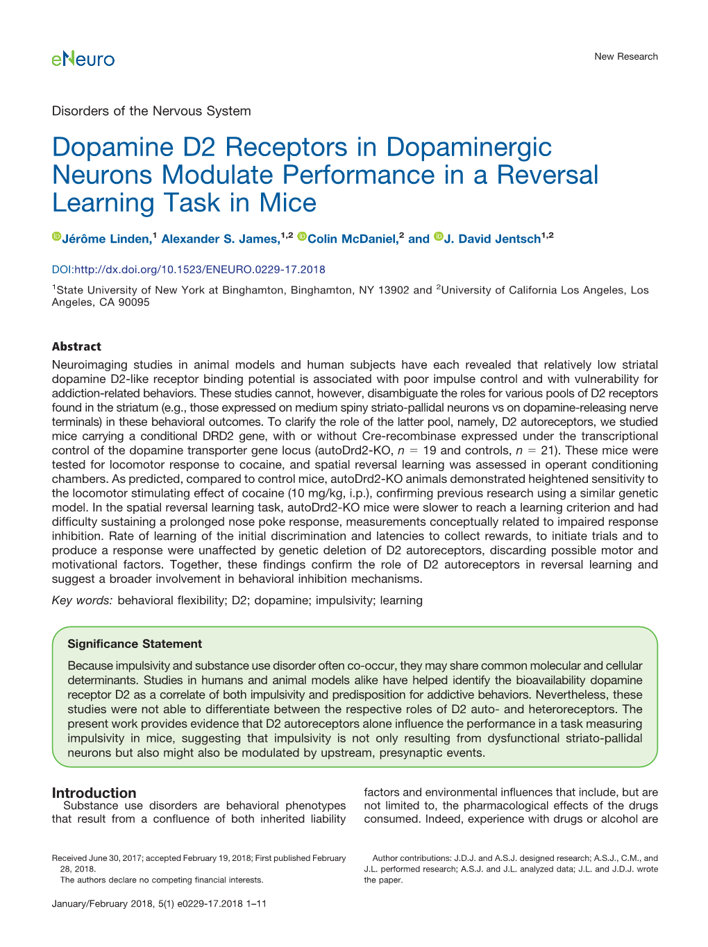 Dopamine D2 Receptors in Dopaminergic Neurons Modulate Performance in a Reversal Learning Task in Mice