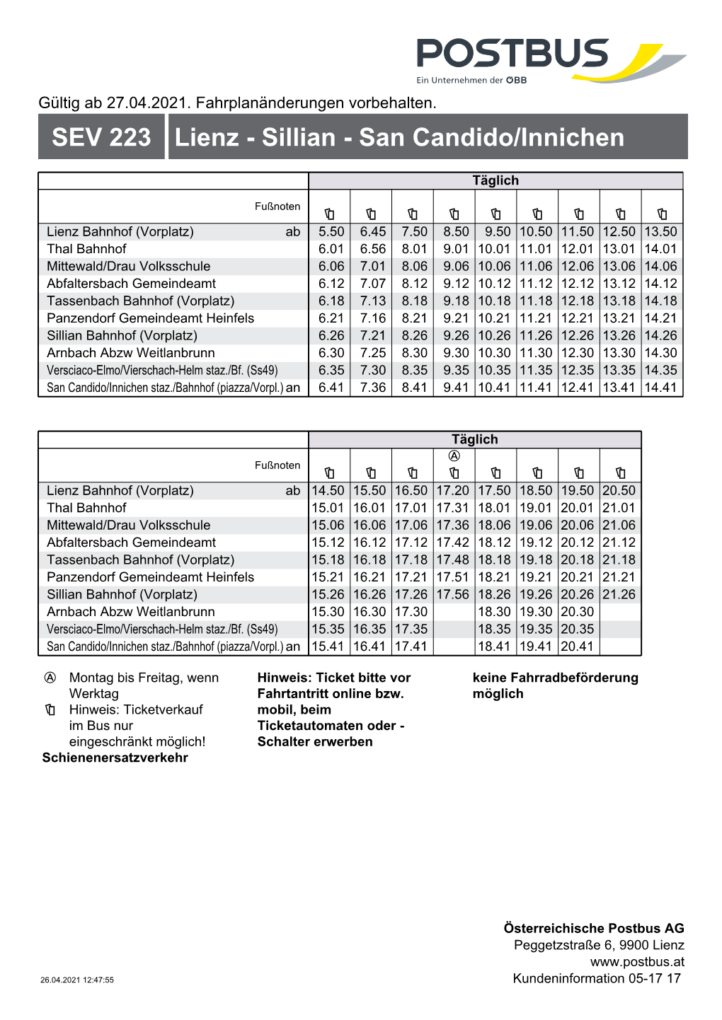 SEV 223 Lienz - Sillian - San Candido/Innichen