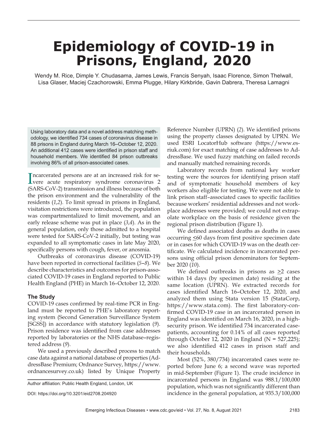 Epidemiology of COVID-19 in Prisons, England, 2020 Wendy M