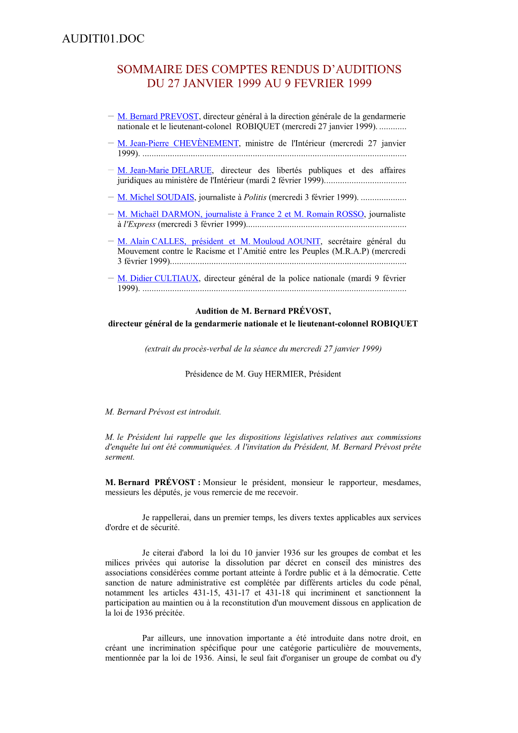 Auditi01.Doc Sommaire Des Comptes Rendus D'auditions