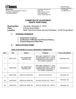 Committee of Adjustment North York Agenda, December 5, 2019