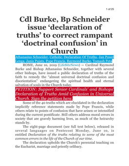 Cdl Burke, Bp Schneider Issue 'Declaration of Truths' to Correct
