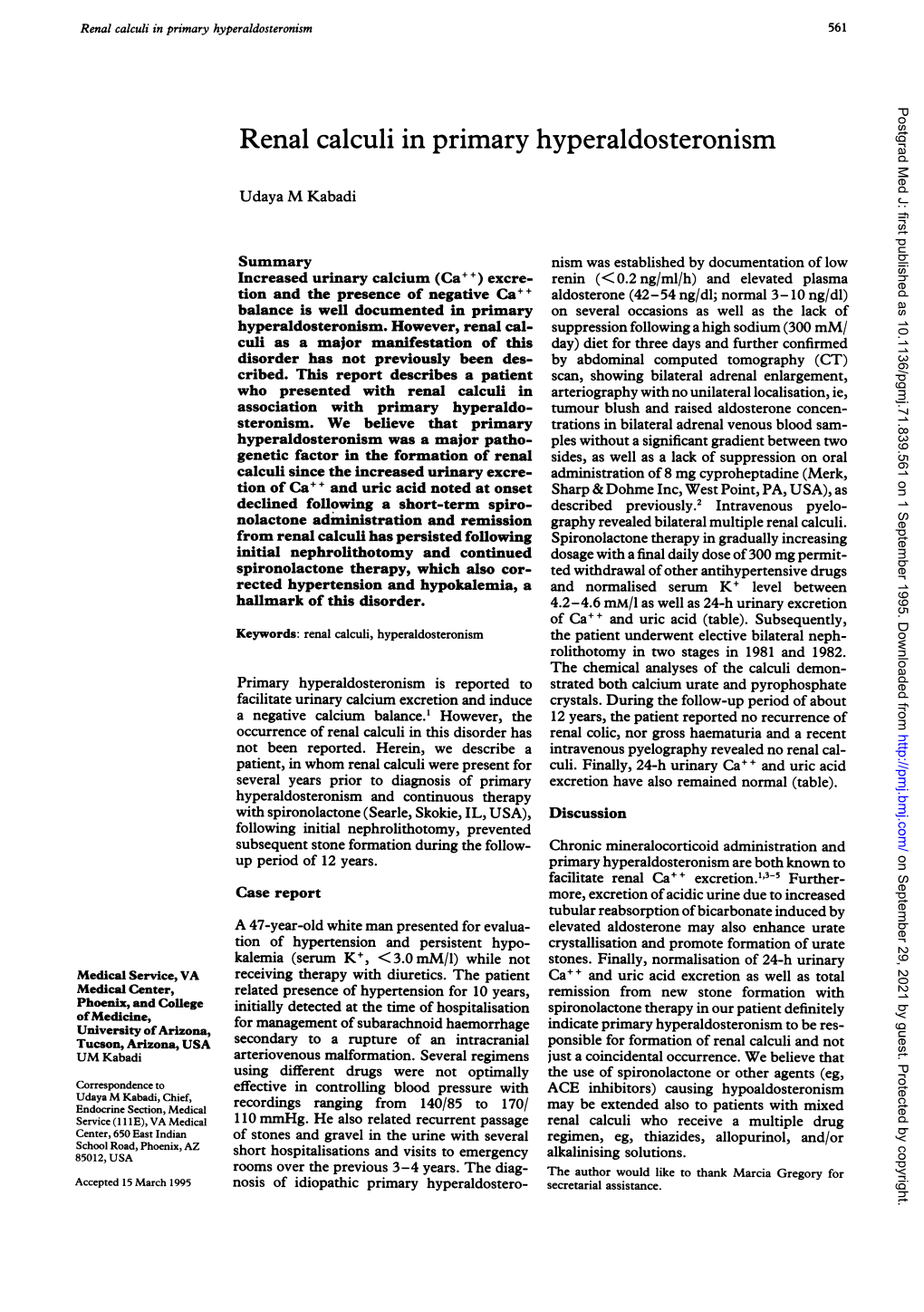 Renal Calculi in Primary Hyperaldosteronism 561 Postgrad Med J: First Published As 10.1136/Pgmj.71.839.561 on 1 September 1995