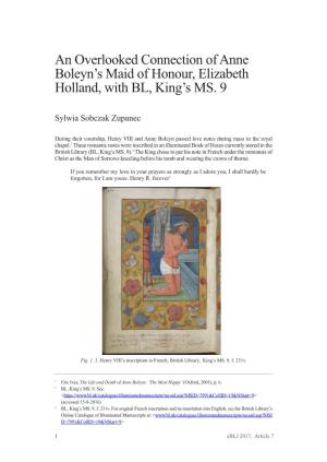An Overlooked Connection of Anne Boleyn's Maid of Honour, Elizabeth Holland, with BL, King's MS. 9