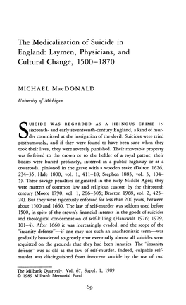 The Medicalization of Suicide in England: Laymen, Physicians, and Cultural Change, 1500—1870