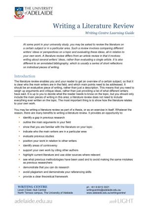 Writing a Literature Review Writing Centre Learning Guide