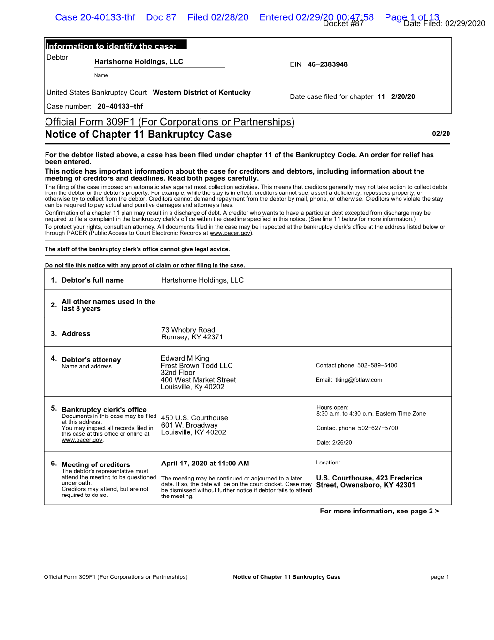 Official Form 309F1 (For Corporations Or Partnerships) Notice of Chapter 11 Bankruptcy Case 02/20