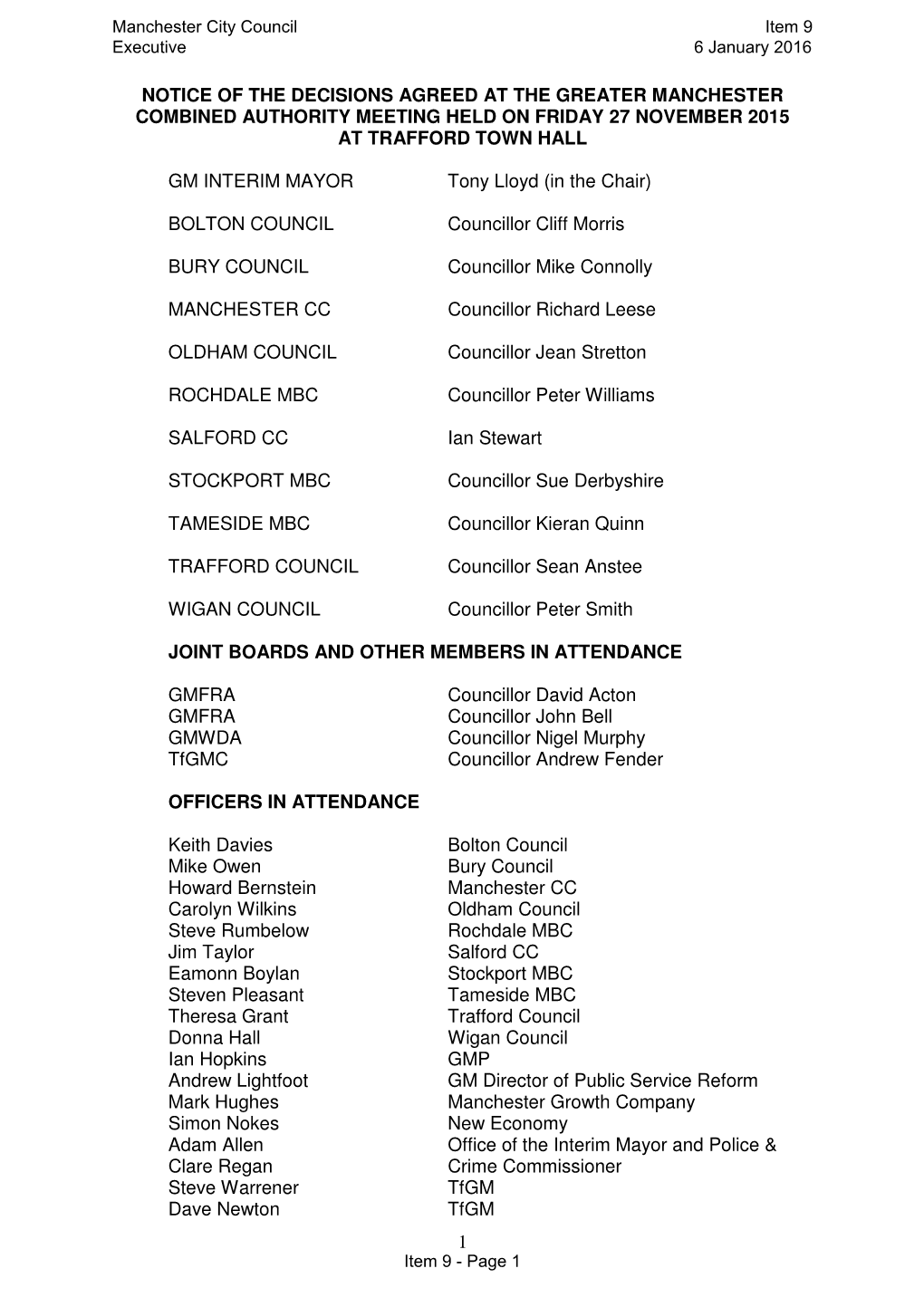 Decisions of the Greater Manchester Combined Authority