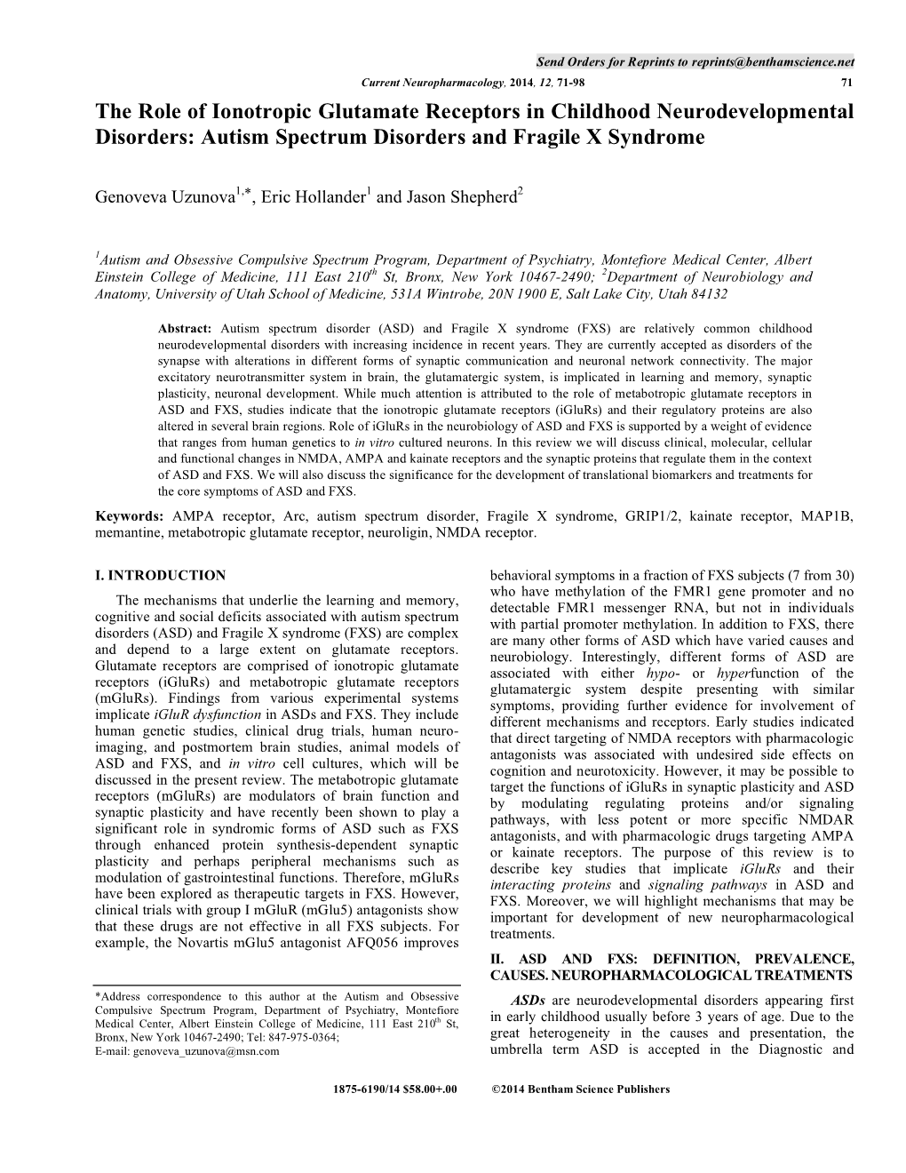 The Role of Ionotropic Glutamate Receptors in Childhood Neurodevelopmental Disorders: Autism Spectrum Disorders and Fragile X Syndrome