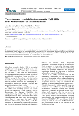The Westernmost Record of Rhopilema Nomadica (Galil, 1990) in the Mediterranean – Off the Maltese Islands