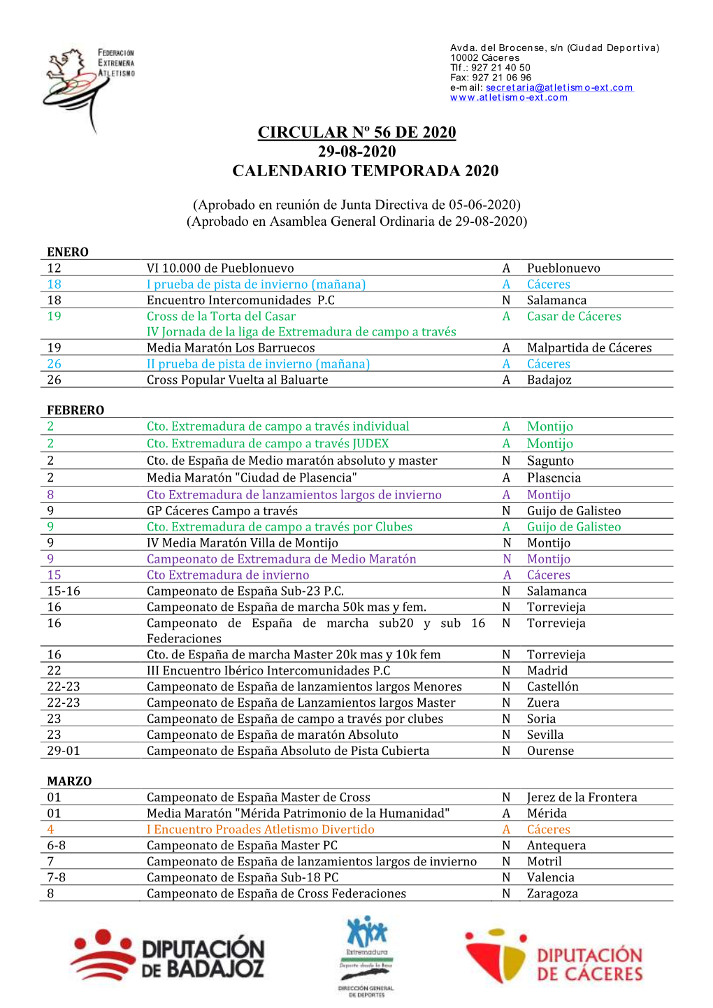 Calendario Temporada 2020