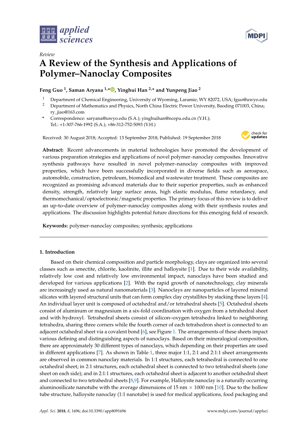 A Review of the Synthesis and Applications of Polymer–Nanoclay Composites