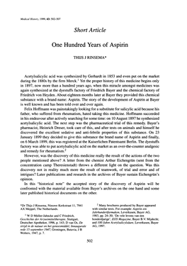Short Article One Hundred Years of Aspirin