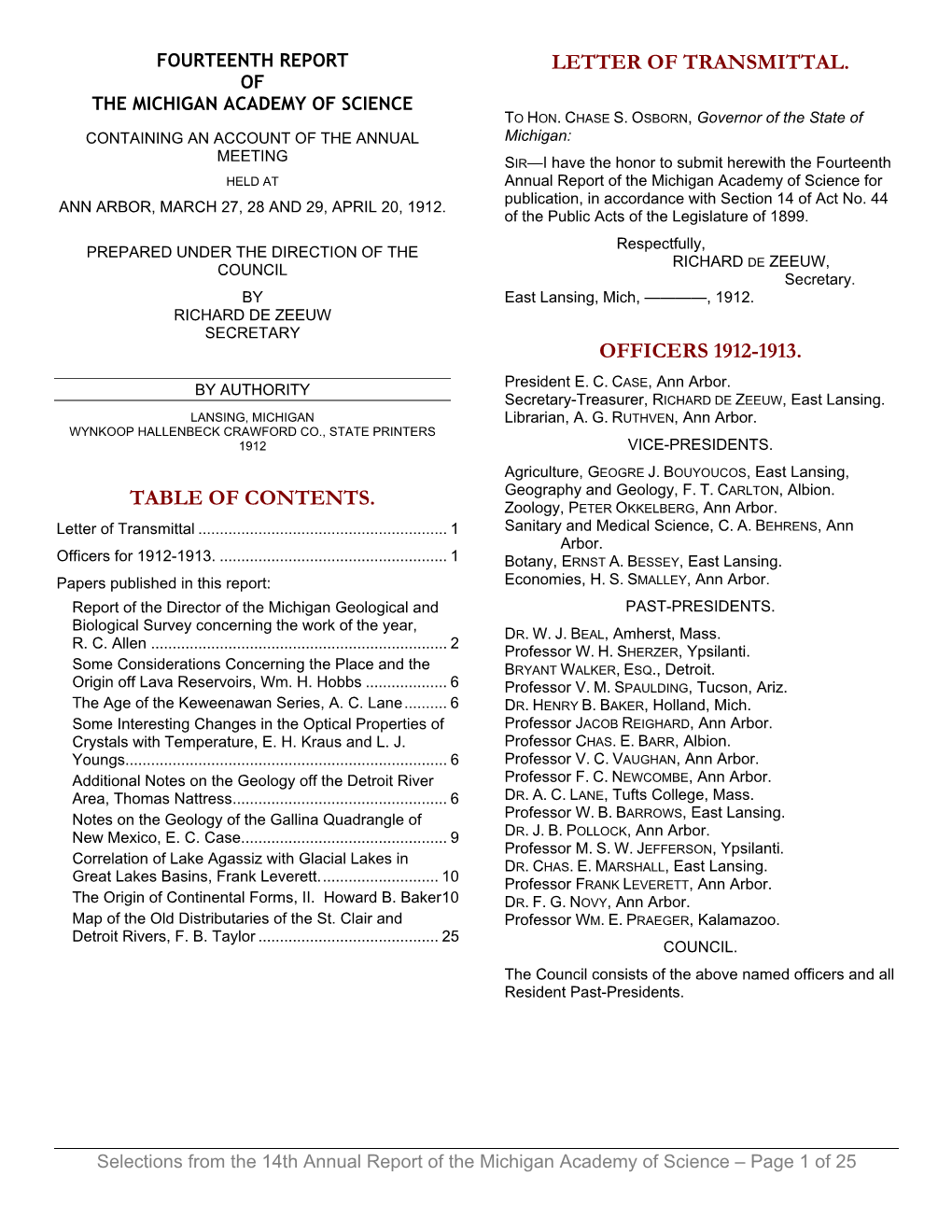 Table of Contents. Letter of Transmittal. Officers 1912