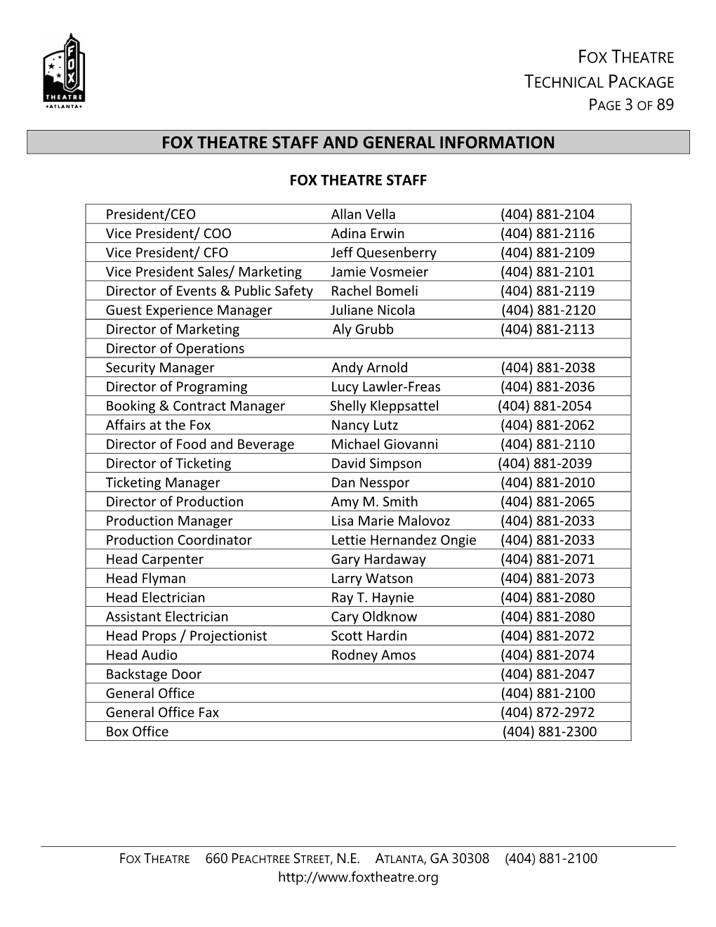 Fox Theatre Staff and General Information