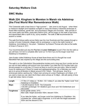 Saturday Walkers Club SWC Walks Walk 224. Kingham to Moreton In