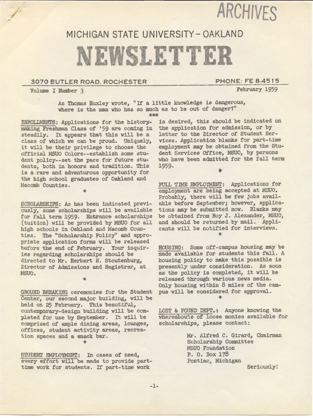 ARCHIVES MICHIGANSTATEUNIVERSITY- OAKLAND ~~~~~~~~~ ~~~~~~ ~~N ~A~~~4!#-A.~~~:W~~I