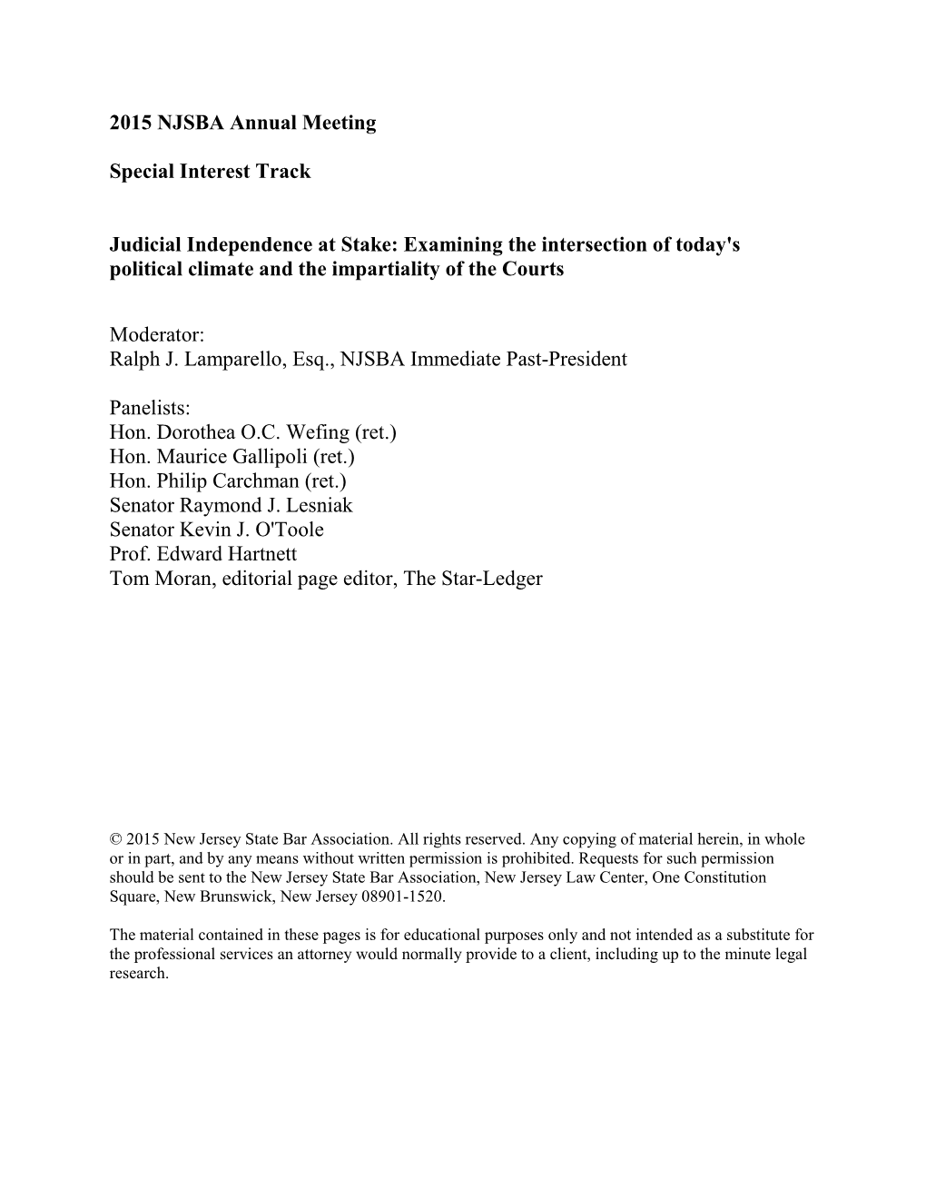 2015 NJSBA Annual Meeting Special Interest Track Judicial