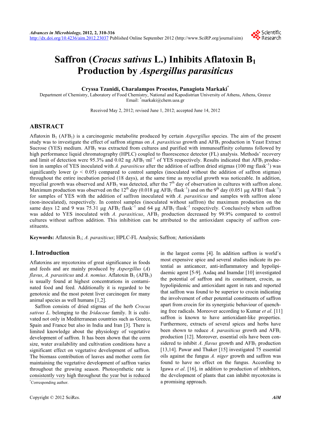 Saffron (Crocus Sativus L.) Inhibits Aflatoxin B1 Production by Aspergillus Parasiticus