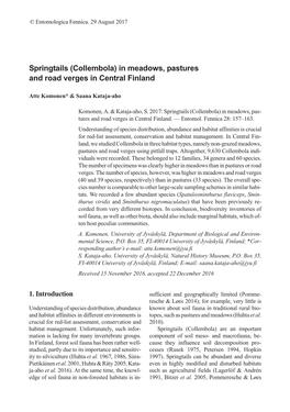 (Collembola) in Meadows, Pastures and Road Verges in Central Finland