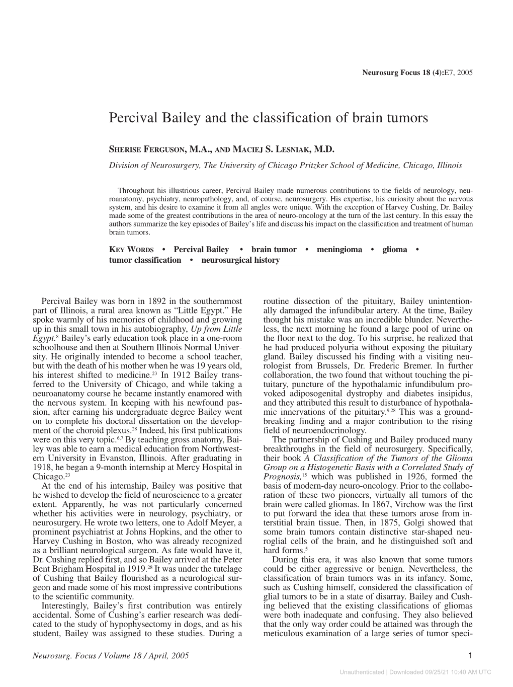 Percival Bailey and the Classification of Brain Tumors