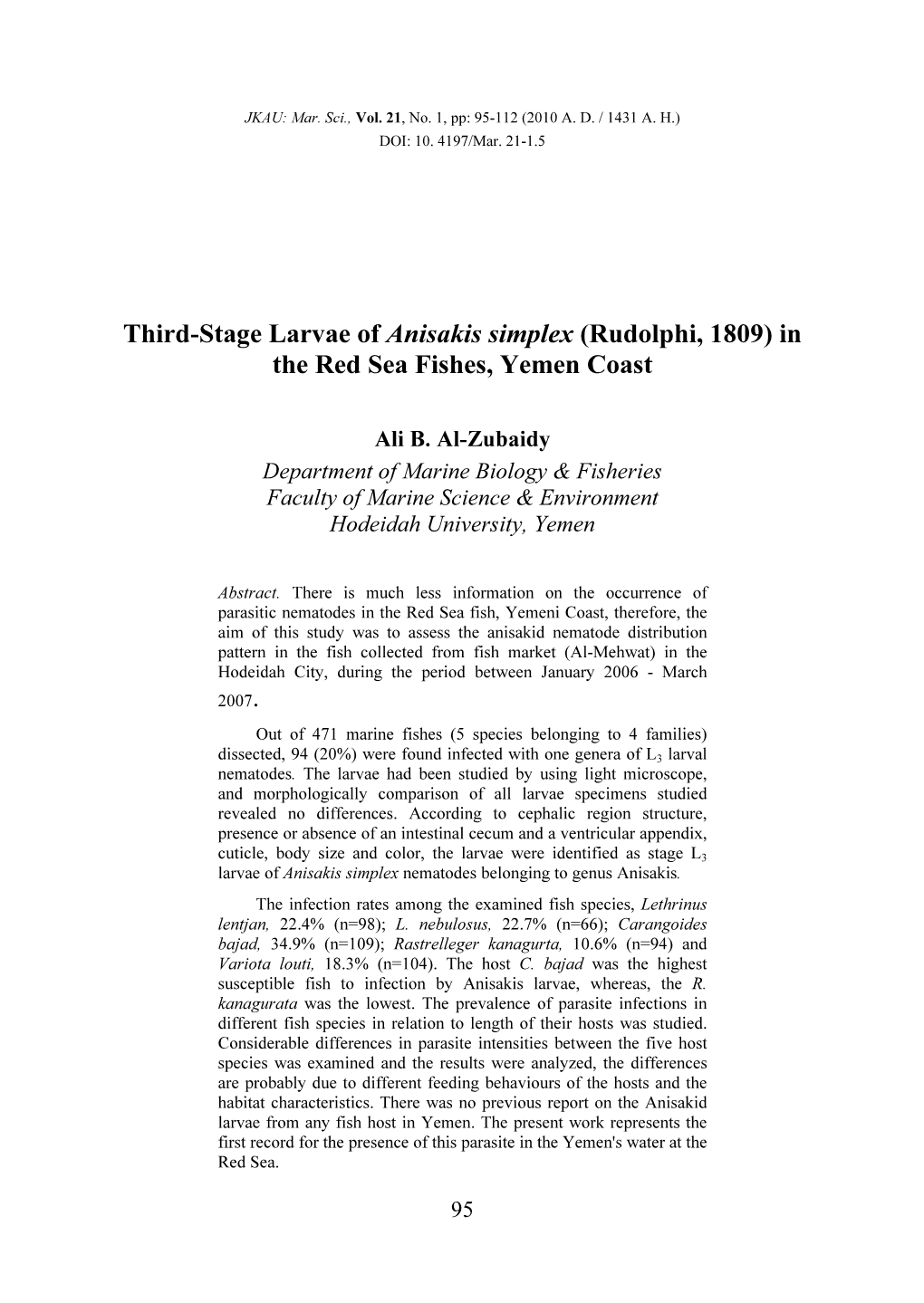 Third-Stage Larvae of Anisakis Simplex (Rudolphi, 1809) in the Red Sea Fishes, Yemen Coast